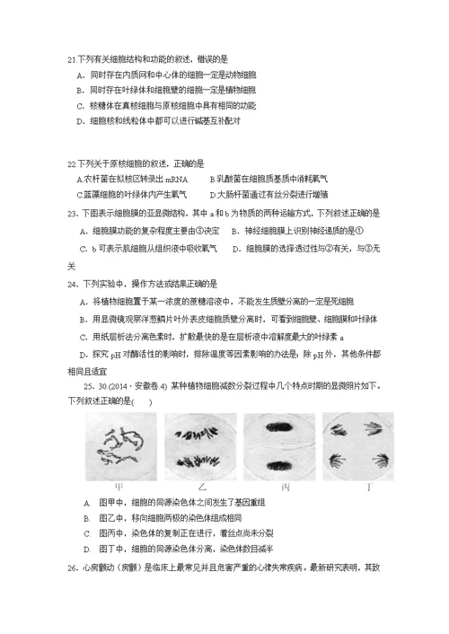 福建省厦门市翔安第一中学2017届高三上学期期中考试 生物