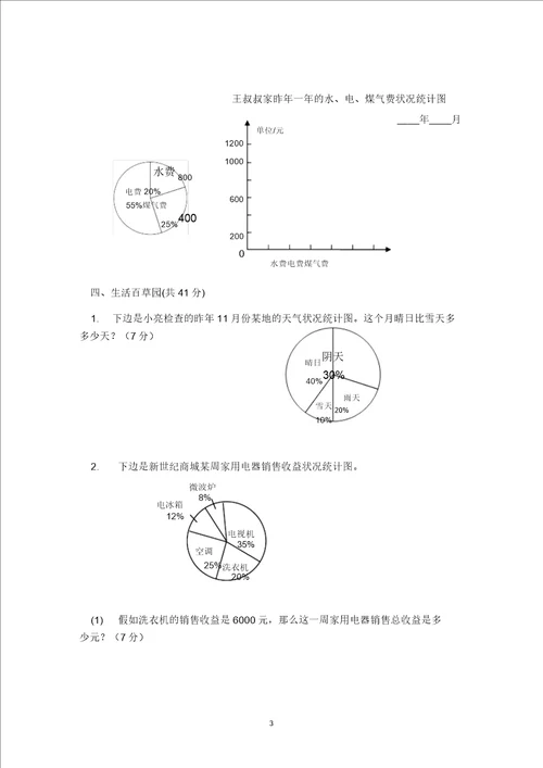 小学数学六年级上册第七单元扇形统计图测试题