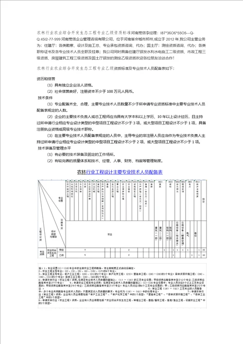 农林行业农业综合开发生态工程专业乙级资质主要专业技术人员配备表