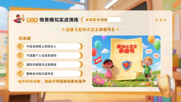 橙色3D卡通风反诈主题班会PPT模板