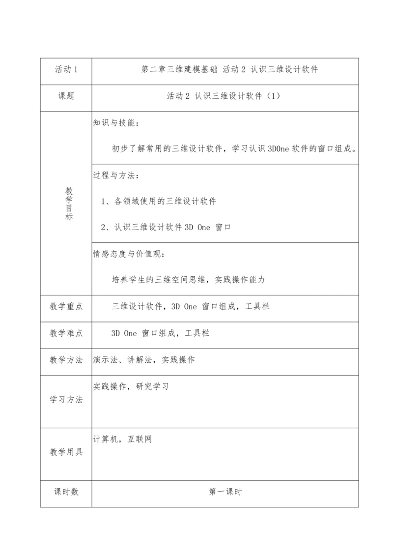 八年级信息技术教案2022年第二学期第二章三维建模基础  活动2 认识三维设计软件 （第一课时）