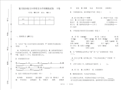 复习综合练习小学语文小升初模拟试卷I卷