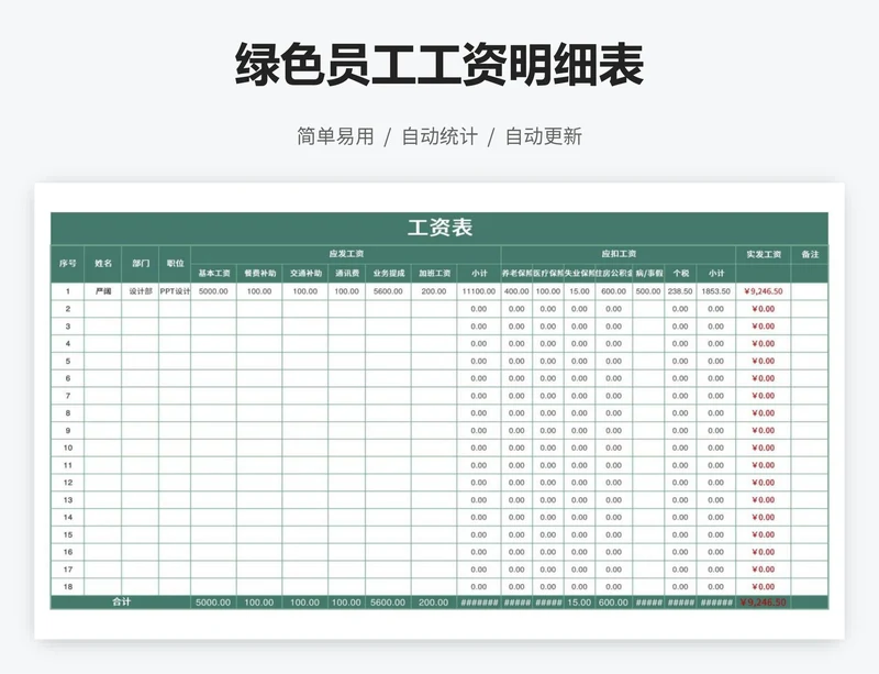 绿色员工工资明细表