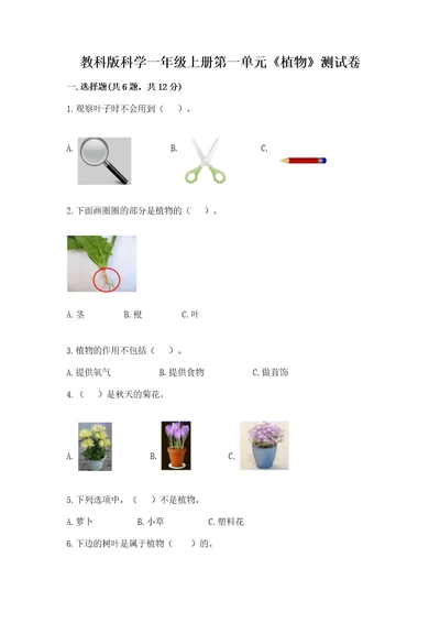 教科版科学一年级上册第一单元《植物》测试卷精品（历年真题）