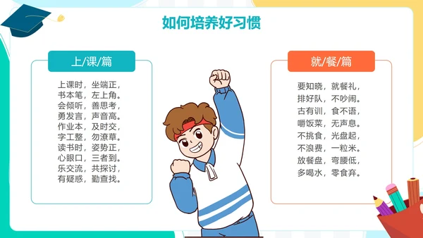 撞色卡通手绘可爱学生培养好习惯主题班会PPT模板