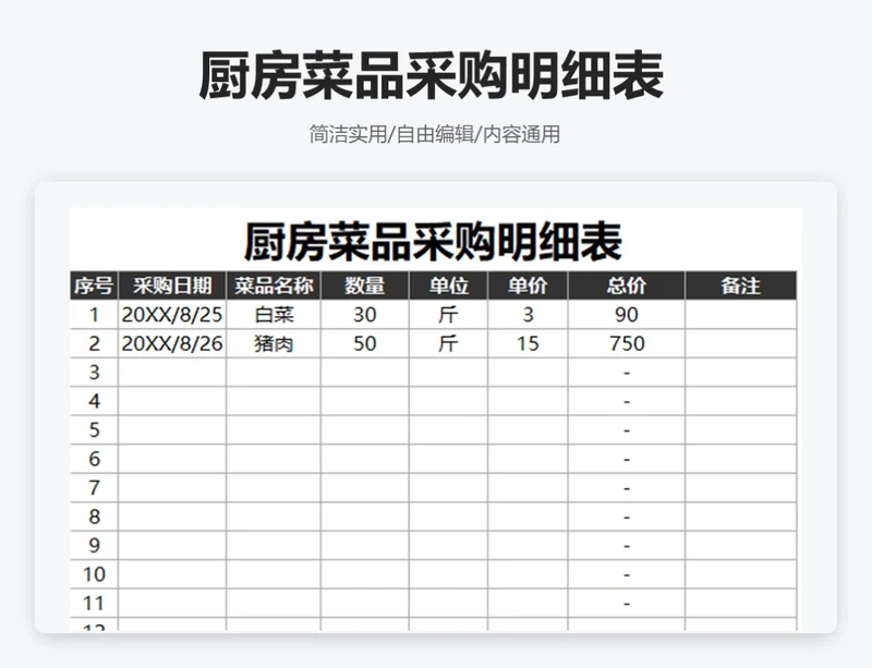 简约黑色厨房菜品采购明细表