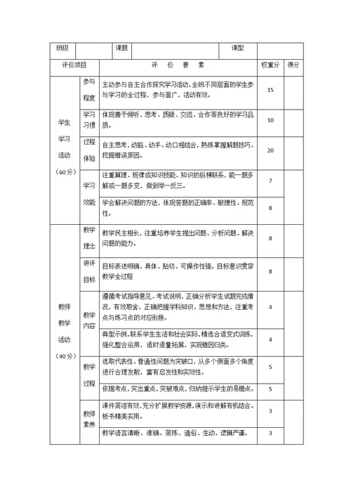 课堂教学评价表单