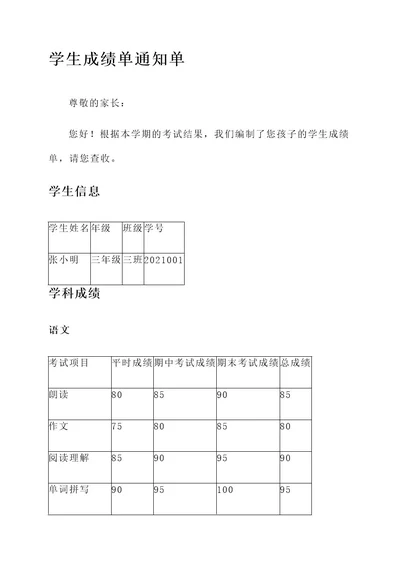 小学学生成绩单通知单