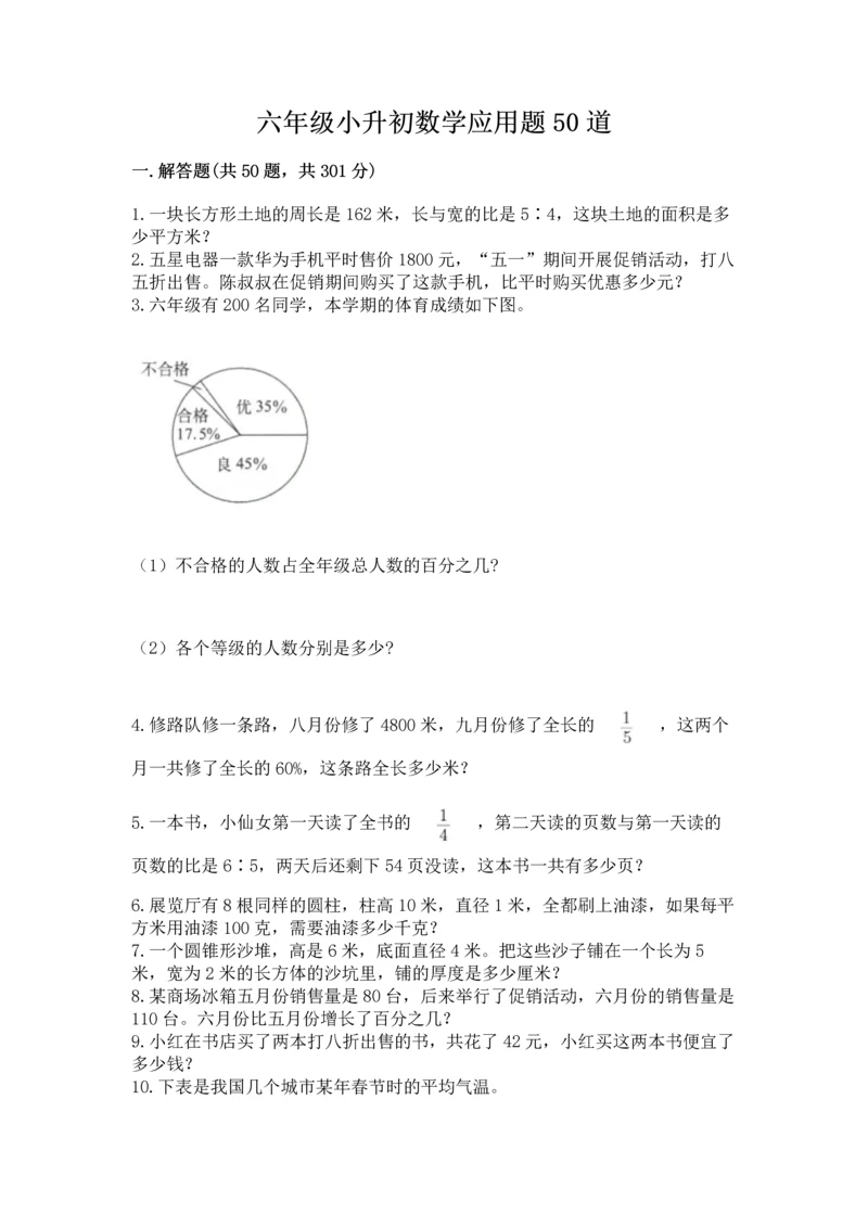 六年级小升初数学应用题50道含完整答案（全国通用）.docx