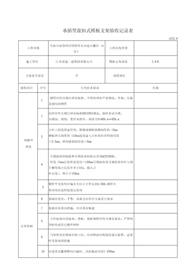 承插型盘扣式模板支架验收记录表