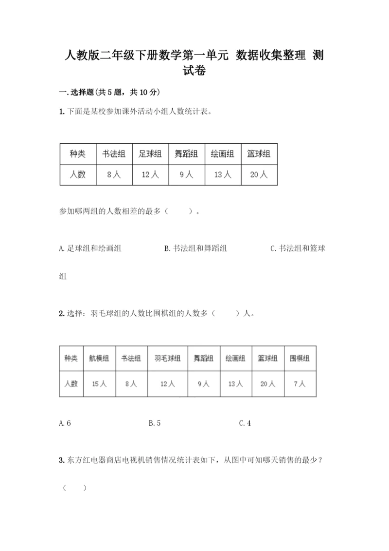 人教版二年级下册数学第一单元-数据收集整理-测试卷附答案(综合题).docx