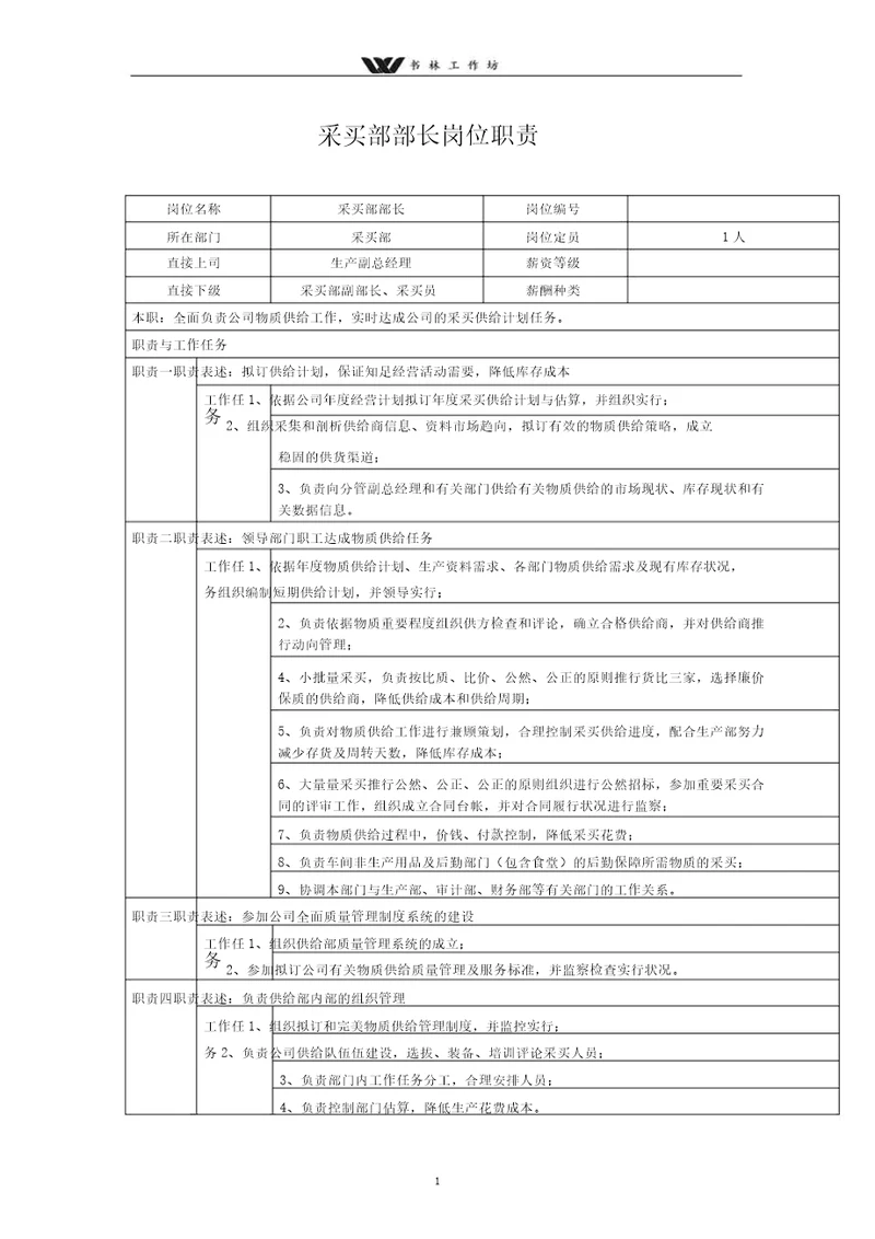 中小企业采购部部长岗位职责