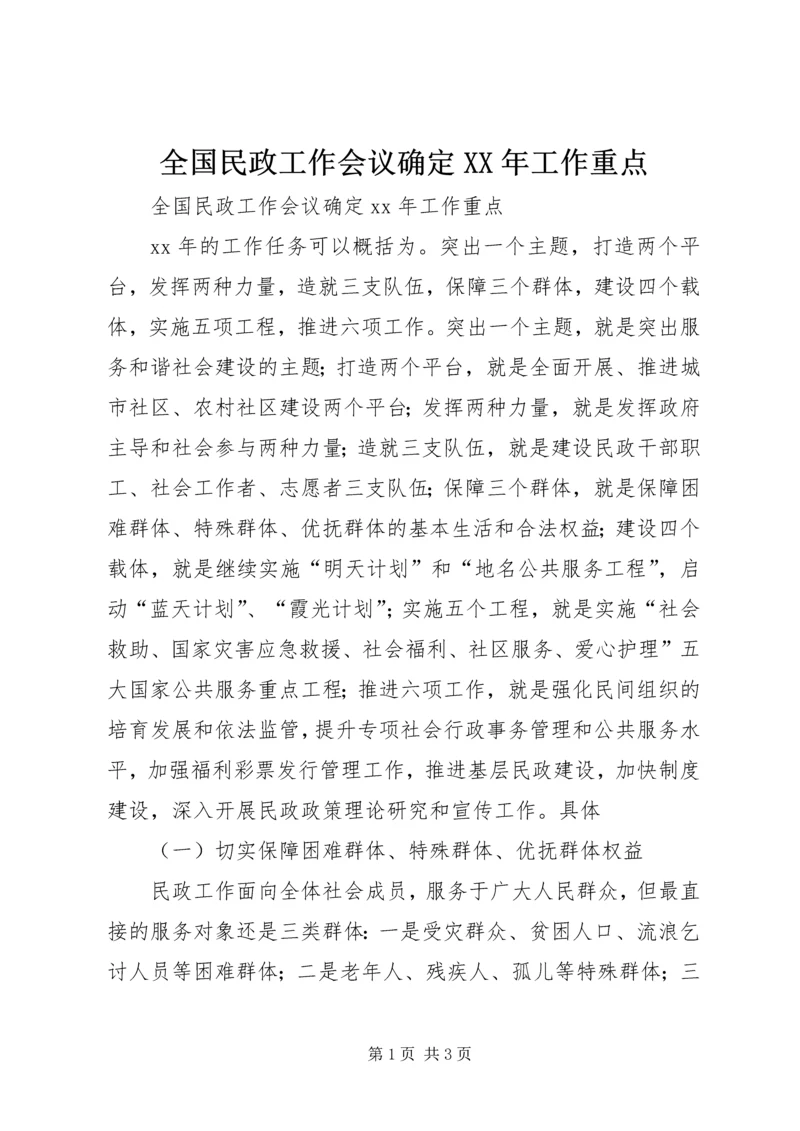 全国民政工作会议确定XX年工作重点.docx