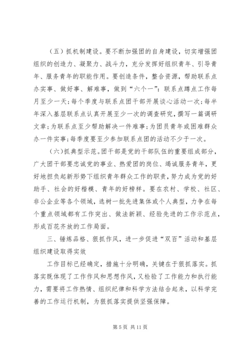 书记在共青团双百活动推进会致辞.docx