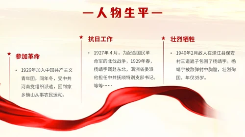 红色简约抗日民族英雄杨靖宇人民英雄永垂不朽主题PPT模板人物介绍