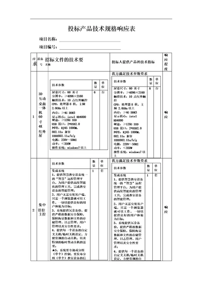 设备投标产品技术规格响应表