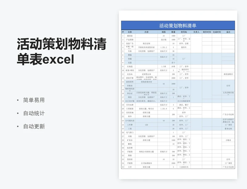 活动策划物料清单表excel表格模板