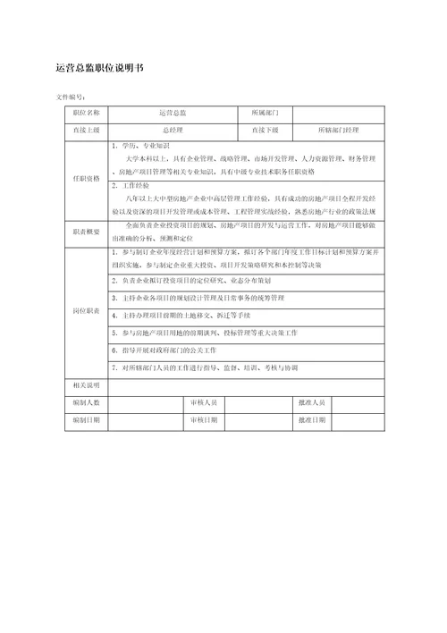 房地产企业运营总监职位说明书