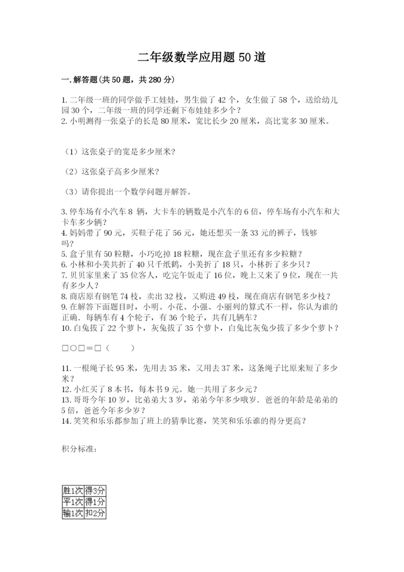 二年级数学应用题50道附答案（精练）.docx