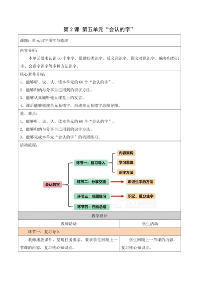 部编1A 第5单元 第2课 会认的字 教学设计