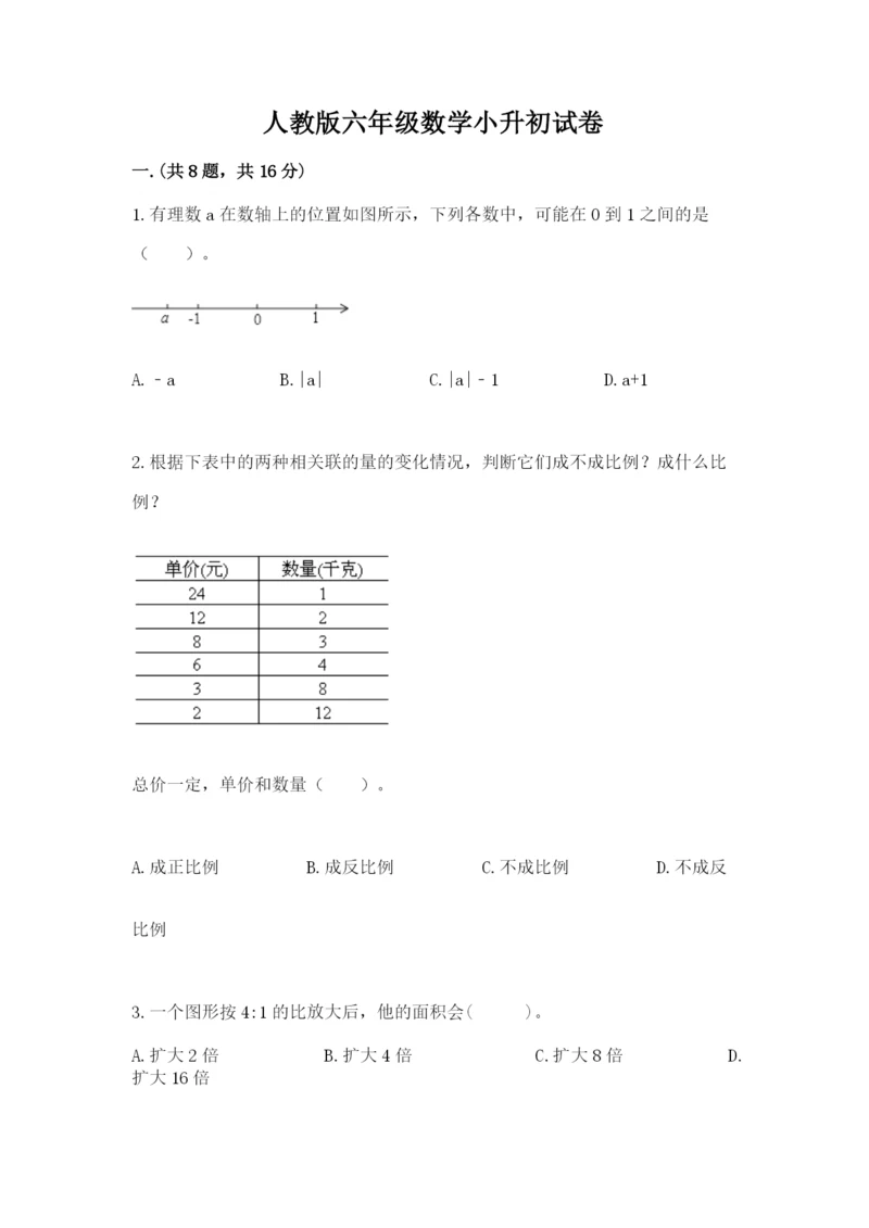 人教版六年级数学小升初试卷及答案（夺冠）.docx