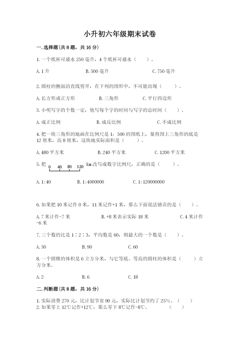 小升初六年级期末试卷精品【a卷】.docx