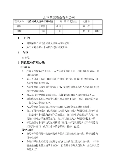 岗位流动及调动管理规定