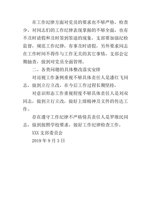 2019年党支部班子对照检查发言提纲范文