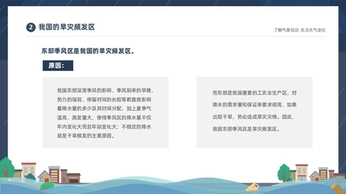 蓝色建筑插画风了解气象知识关注天气变化气象灾害介绍课件PPT世界气象日