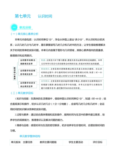 （大单元整体教学）第七单元 认识时间 单元分析（表格式）教学设计