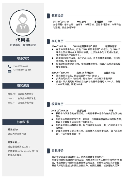 应届生新媒体运营个人简历模板word求职简历
