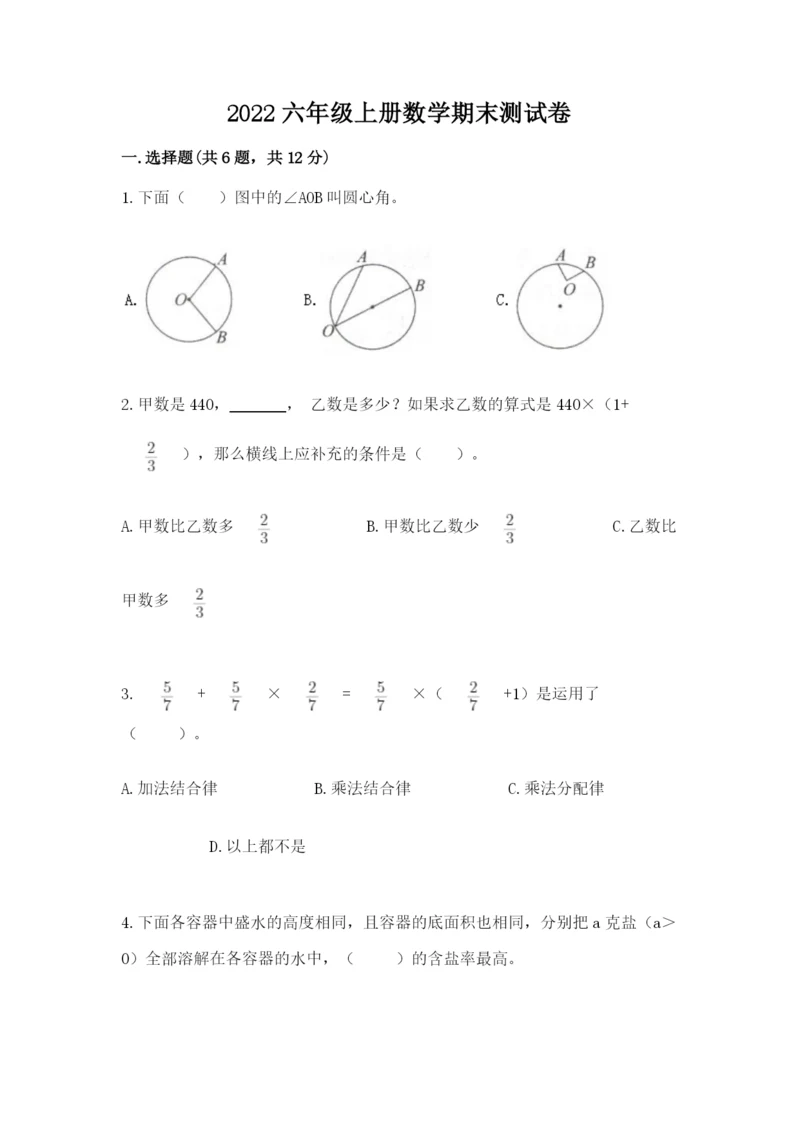 2022六年级上册数学期末测试卷附完整答案【精选题】.docx