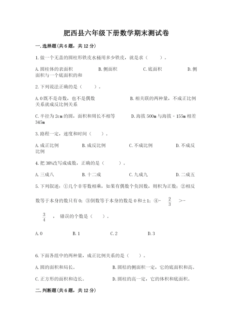 肥西县六年级下册数学期末测试卷（巩固）.docx