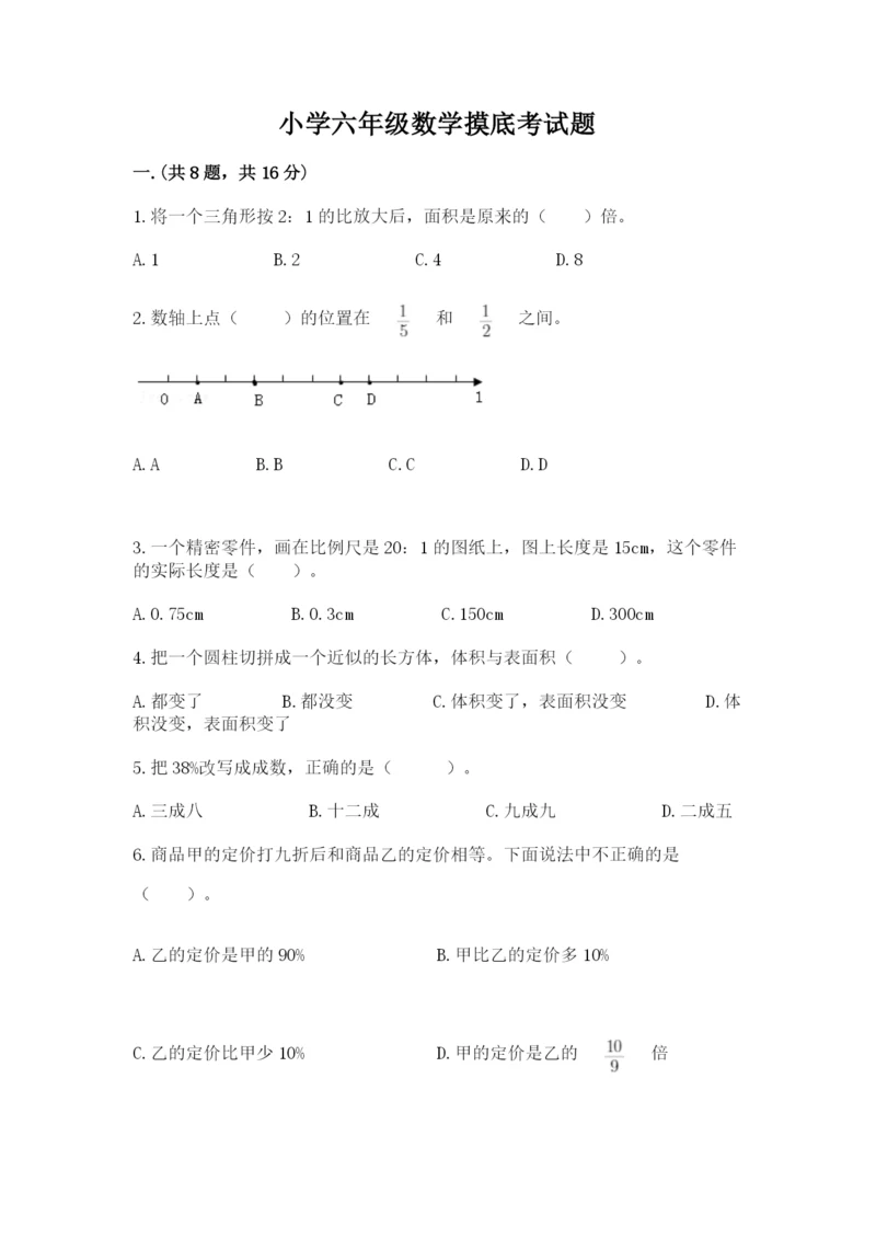 小学六年级数学摸底考试题【名师推荐】.docx