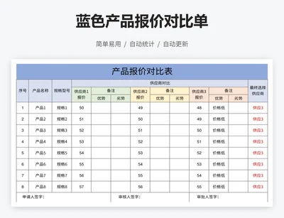 蓝色产品报价对比单