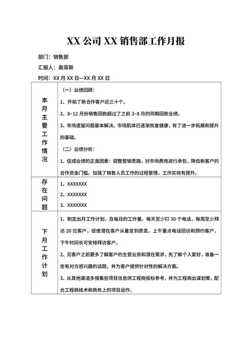 销售工作月报word模板