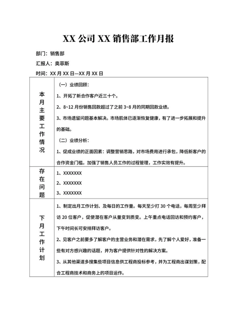 销售工作月报word模板