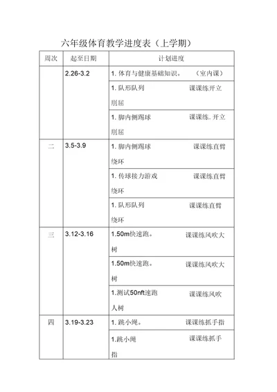 六年级体育教学进度表