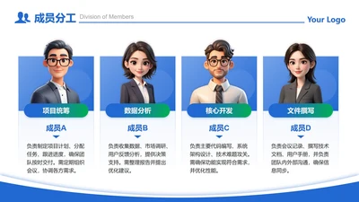 成员分工-蓝绿色商务风4项卡片成员分工PPT单页