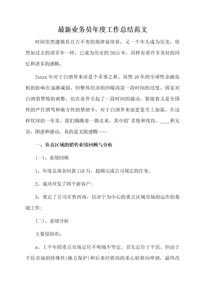 最新业务员年度工作总结范文