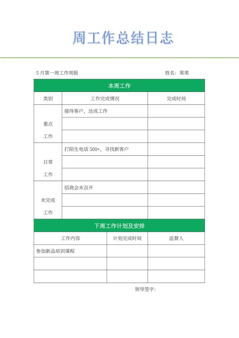 员工周工作总结日志word模板