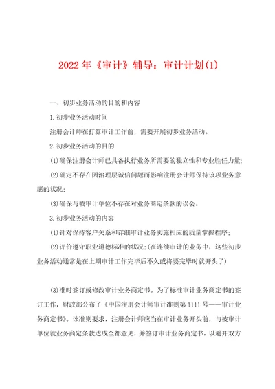 2022年审计辅导审计计划1