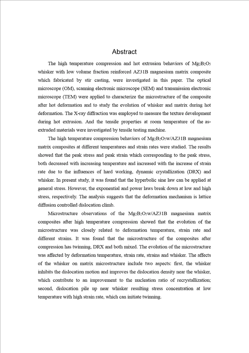 硼酸镁晶须增强镁基复合材料的高温变形行为分析