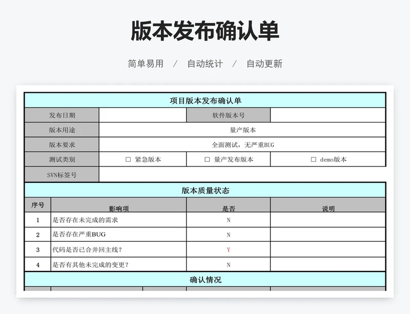 版本发布确认单