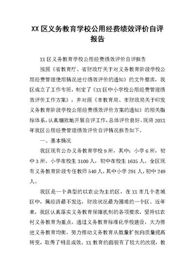 XX区义务教育学校公用经费绩效评价自评报告