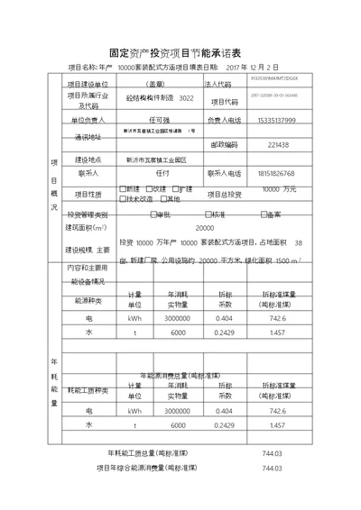 固定资产投资项目节能承诺表