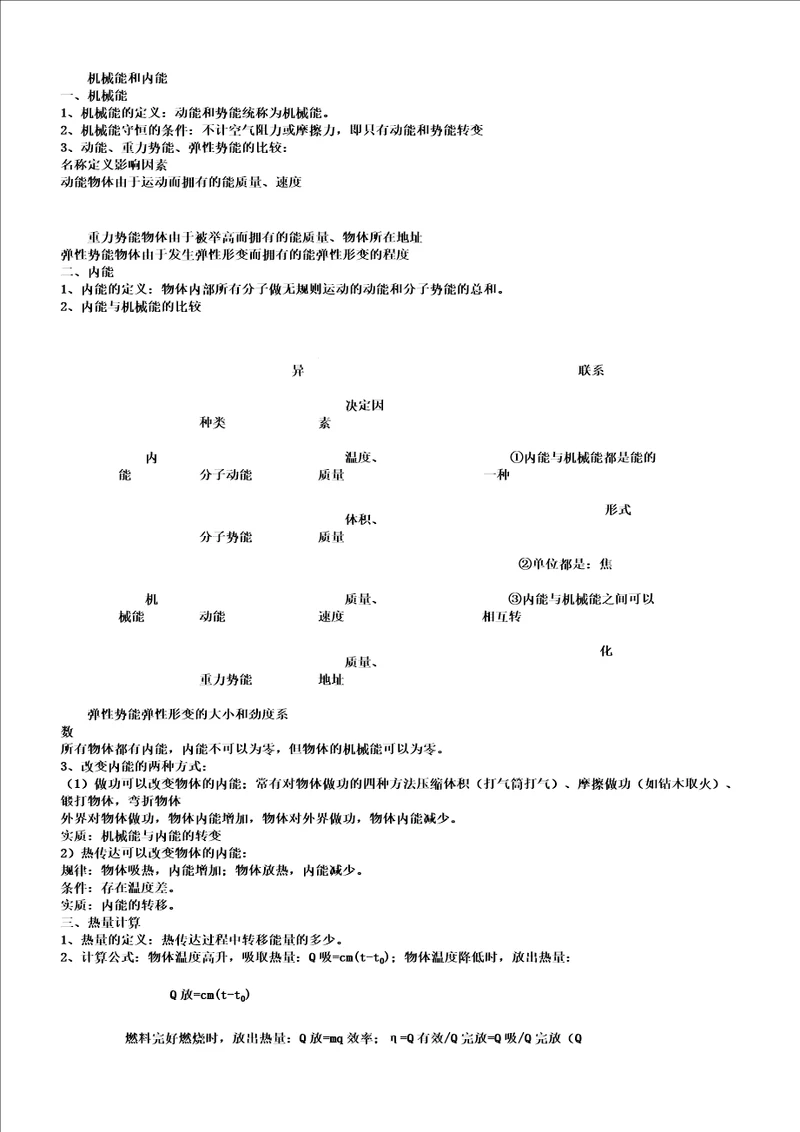 中考物理机械能和内能知识点总结