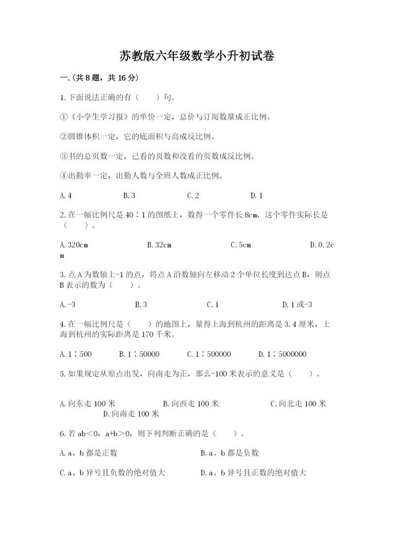 苏教版六年级数学小升初试卷精品【典优】.docx