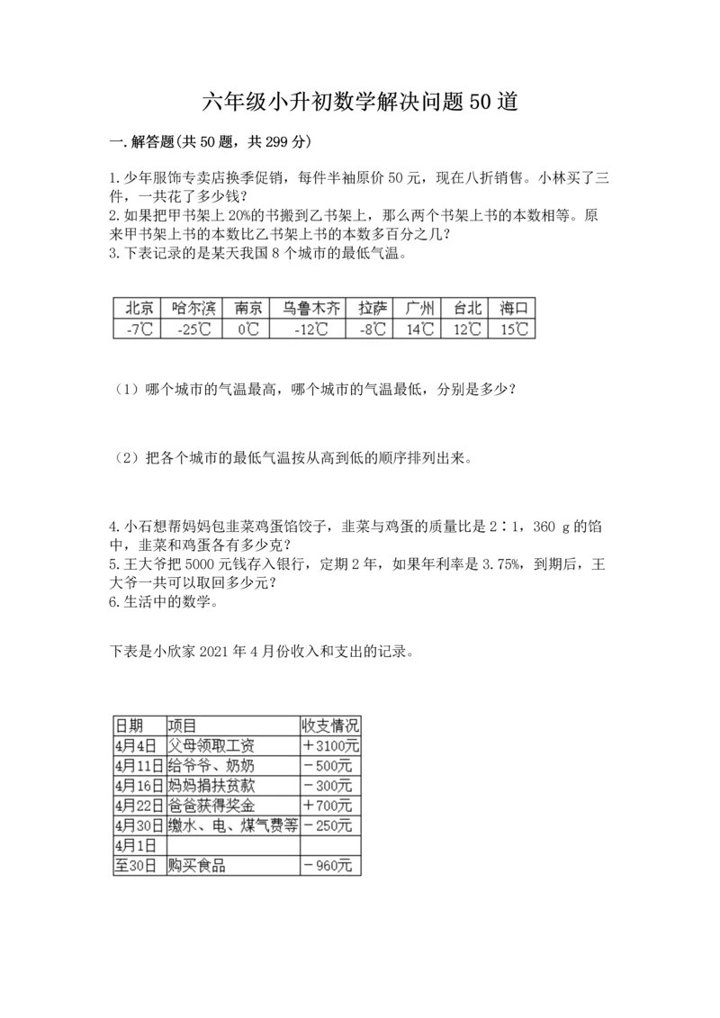 六年级小升初数学解决问题50道（历年真题）.docx