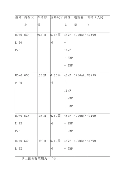 深圳荣耀手机报价单